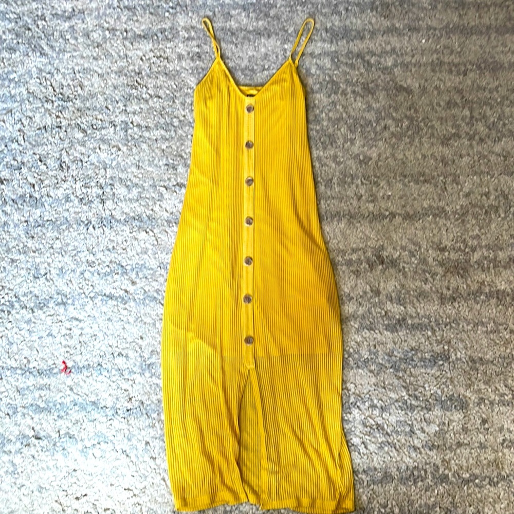 Express Yellow Ribbed Button-Front Midi Dress